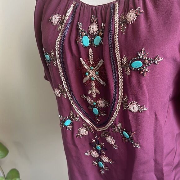 Megan Park 100% Silk & Turquoise Embroidered Blouse 1=6 - Picture 3 of 8